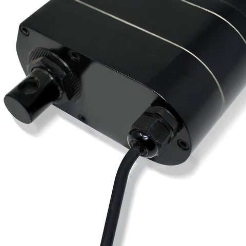Close-up view of 12V High Force Linear Actuator With 14 Inch Stroke 2000 Lbs Push Pull Beefy Heavy Duty Industrial Grade wiring and casing.