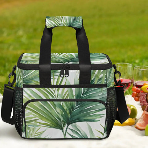 Insulated Picnic Backpack Lunch Bag For Women And Men, Large 12 By 8.7 By 10 Inch Tote with leaf design, picnic setting