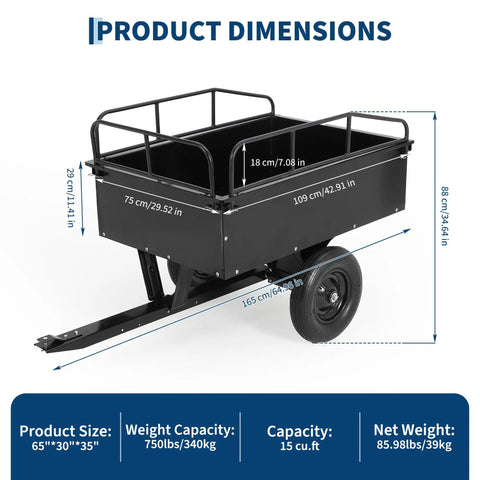 Dimensions of Beefy Dump Cart Pull Behind For Lawn Tractor With 750 Lb Capacity And 15 Cu Ft Heavy Duty Steel Utility Trailer