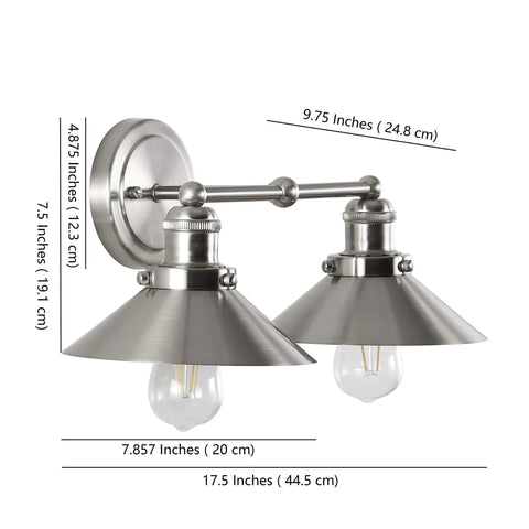 Industrial Farmhouse Nickel Two Light Metal Vanity Light Wall Sconce With Rock Solid Metal Shade For Bathroom Mirror Kitchen And Entryway LED Bulbs Included 17.5 Inch Length side view