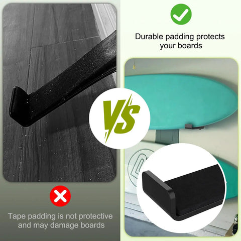 Comparison of Heavy Duty Steel Surfboard Wall Mount Rack For Vertical Display with protective padding vs tape padding.