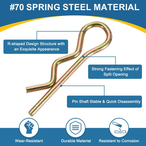 10 Pack Hitch Pin Clips 3.5mm By 70mm R Clips Colored Zinc Spring Steel Retaining Pins Set For Trailers Tractors Mowers Carts And Trucks Durable Cotter Pin Assortment Kit, spring steel R clip close-up