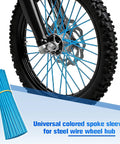 Front wheel with 72 Pcs Dirt Bike Spoke Covers Kit With Dustproof Wheel Rim Skins Wraps Guards And Bicycle Tire Trim Decoration Protector Universal Fit Easy Install For Motorcycles Scooters And Bikes Light Blue installed, highlighting kit material and fit.