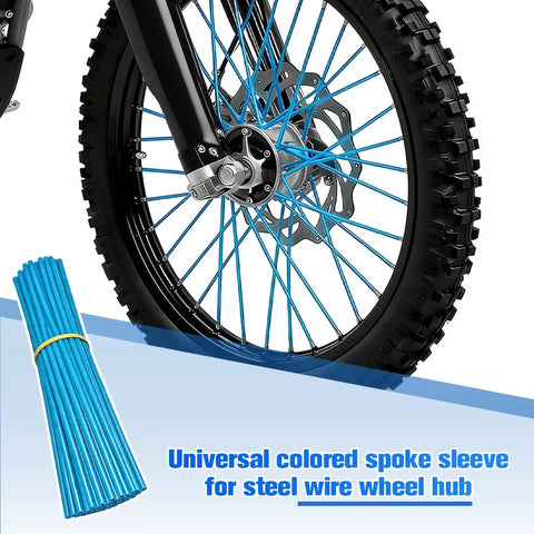 Front wheel with 72 Pcs Dirt Bike Spoke Covers Kit With Dustproof Wheel Rim Skins Wraps Guards And Bicycle Tire Trim Decoration Protector Universal Fit Easy Install For Motorcycles Scooters And Bikes Light Blue installed, highlighting kit material and fit.