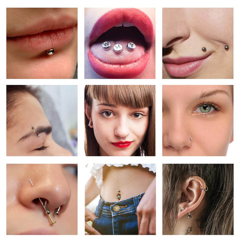 Various piercings showcasing application of Piercing Ball Grabber Reacher Tool For Easy Jewelry Swap, Pro Grade Stainless Steel.