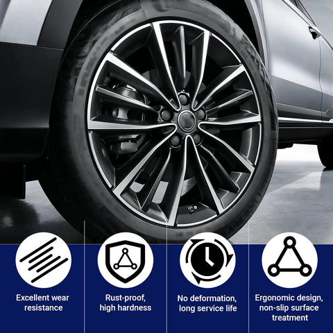 Close-up of installed car wheel with highlights on features like wear resistance, anti-rust, and ergonomic design.