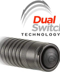 Close-up of Beefy 700 Lumen Rechargeable Dual Switch Long Range Flashlight with textured grip and dual switch logo