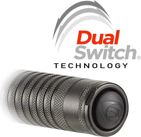 Close-up of Beefy 700 Lumen Rechargeable Dual Switch Long Range Flashlight with textured grip and dual switch logo