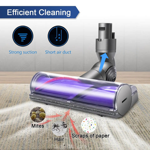 Quick Release Vacuum Attachment Motorhead for cordless cleaners, showing efficient cleaning on carpet with strong suction.