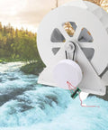 Image of Hydro Water Turbine Generator For Low Flow Streams Mini Micro Hydroelectric Turbine Wheel Power Generator Water Wheel Turbine For Home Off Grid Power No Fuss Easy Setup Durable Micro Hydropower System with white turbine wheel by a stream.