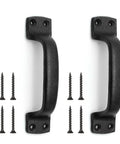 Black Cast Iron Barn Door Handles Rustic Heavy Duty Gate Pulls 7 Inch Sliding Door Hardware 2 Pack with screws, weatherproof matte finish.