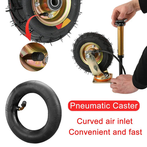 Heavy Duty Pneumatic Caster Wheels 5 Pack With Smooth Rollin Rubber Tires And Kickin Cold Rolled Steel Brackets For Quick Cart Setup and showing a pneumatic tire with curved air inlet.