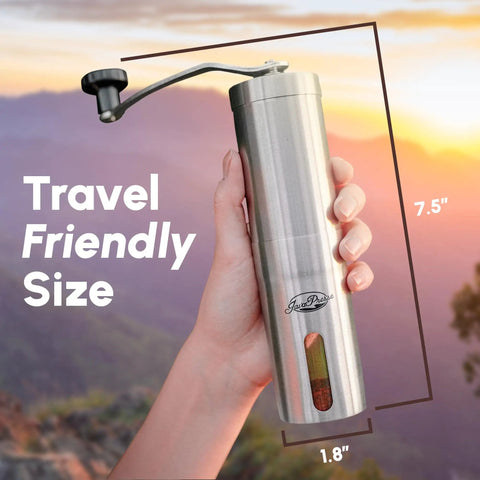 Manual Stainless Steel Coffee Grinder With 18 Adjustable Settings shown in hand, highlighting its travel-friendly size, 7.5 inches tall.