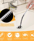 Flexible Drain Cleaning Brush That Clears Sink Clogs Straight Up Fast, shown in use on a sink with nylon spiral design.