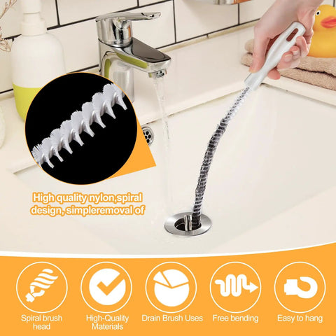Flexible Drain Cleaning Brush That Clears Sink Clogs Straight Up Fast, shown in use on a sink with nylon spiral design.