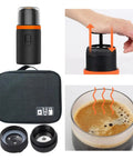 Grab And Go Mini Portable Espresso Maker for Travel and Hiking shown with parts and brewing process