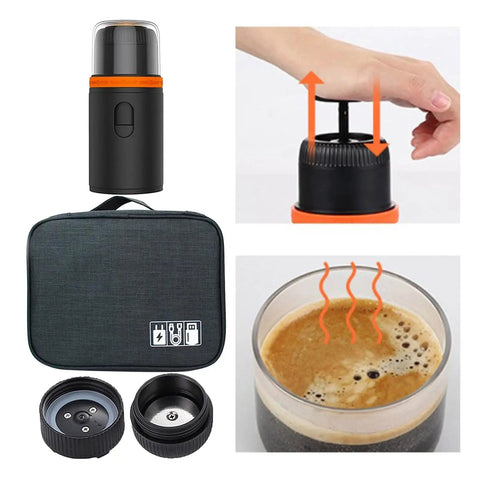 Grab And Go Mini Portable Espresso Maker for Travel and Hiking shown with parts and brewing process