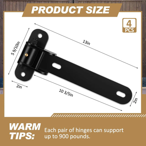 Beefy 4 Pack 13 Inch Heavy Duty Gate Hinges 900 Lb Capacity 180 Degree Open Thickened Solid Carbon Steel Hardware Bolt On Or Weld On For Barn Wood Metal Gates Fences Sheds Garages Garden Gates Obround Hole, size diagram