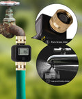 Water Flow Meter With Brass Inlet For Hose And RV Tank Fill showing precise flow rate, mounted on garden hose with digital display.