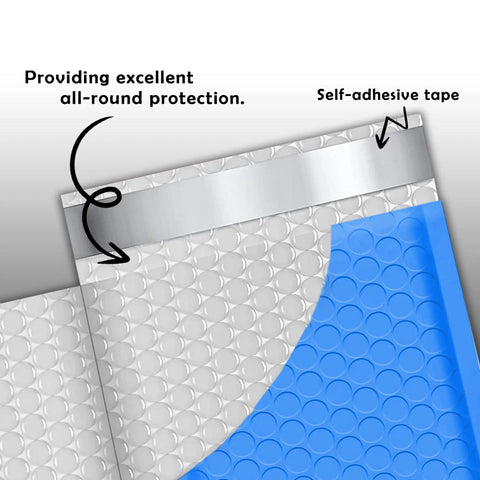 Blue Waterproof Bubble Mailers 4x8 Self Seal Adhesive Shipping Bags With Cushioned Padded Envelopes shown with self-adhesive tape