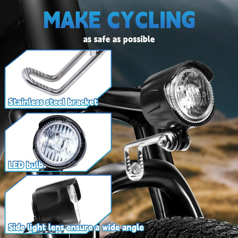 Electric Bike Front Light For Ebikes, 6V To 60V DC Compatible, 30 Lux Brightness, Two Pin Connector showcased on a bike