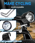 Close-up of All Purpose Ebike Headlight With 2 Pin Waterproof Connector and mounting bracket, LED bulb, side light lens.