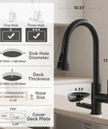Commercial Grade Kitchen Workstation Faucet with with Glass Rinser & LED dimensions and installation details on a kitchen counter.
