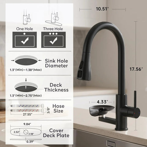Commercial Grade Kitchen Workstation Faucet with with Glass Rinser & LED dimensions and installation details on a kitchen counter.