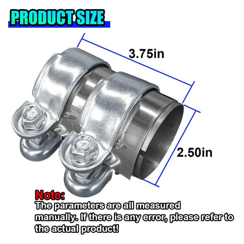 Close-up of 2.5 Inch Stainless Steel Exhaust Clamp For Automotive Systems with size measurements, heavy duty design.