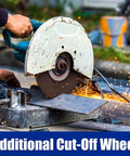 Person using 14 Inch Metal Cutting Saw Blade With 66 Tooth For Heavy Duty Chop Saws 1 Inch Arbor 2.6 mm Thin Kerf For Clean Finish Up To 1500 RPM Compatible With S14CPS S15CPS S355MCS S355CPS S380CPS And More Extra Cut Off Wheel on metal