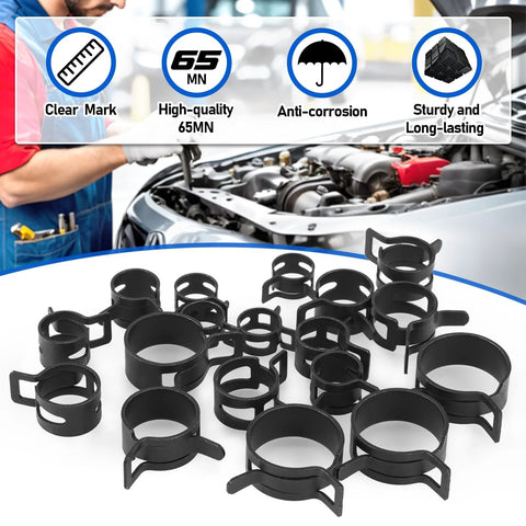 Front view of Toolwiz 130pc black metal hose clamp set, 6–25mm spring band clamps for hoses