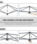 Diagram showing one-handed locking mechanism for 10x10 Pop Up Canopy No Fuss Easy Setup Tent For Backyard Parties And Outdoor Events