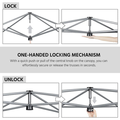 Diagram showing one-handed locking mechanism for 10x10 Pop Up Canopy No Fuss Easy Setup Tent For Backyard Parties And Outdoor Events
