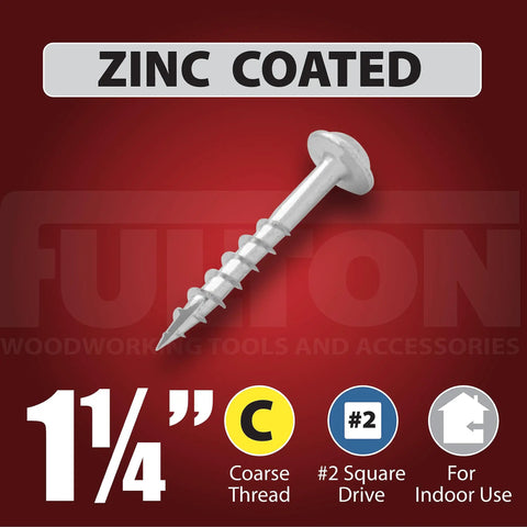 Washer Head Pocket Hole Screws Zinc Coated Number Eight By One And A Quarter Inch Self Tapping Wood Screws on red background