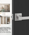 Hall Closet Lever Door Lock Handle Satin Nickel Finish Heavy Duty Passage Hardware Reversible For Right Or Left Hand Use With Adjustable Backset Fits Standard Door Thickness Easy Install Zinc Alloy mounted on a black door with views of a hallway and closet.