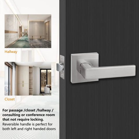 Hall Closet Lever Door Lock Handle Satin Nickel Finish Heavy Duty Passage Hardware Reversible For Right Or Left Hand Use With Adjustable Backset Fits Standard Door Thickness Easy Install Zinc Alloy mounted on a black door with views of a hallway and closet.