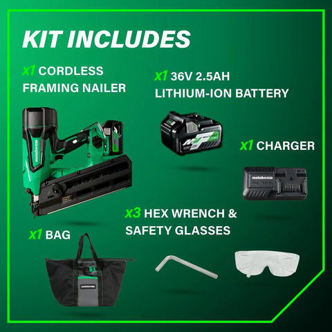 36V MultiVolt Cordless Plastic Strip Framing Nailer Kit With 2.5Ah Battery, 21 Degree Framing Nailer For Two Inch To Three And A Half Inch Nails, Beast Mode Power Tool NR3690DR contents, including nailer, battery, charger, bag, wrench, glasses