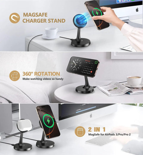 Magnetic Wireless Charger Stand With MagSafe 15W Fast Charge For iPhone 17 Series 16 15 14 13 12 And AirPods Slim Desk Pad Dock