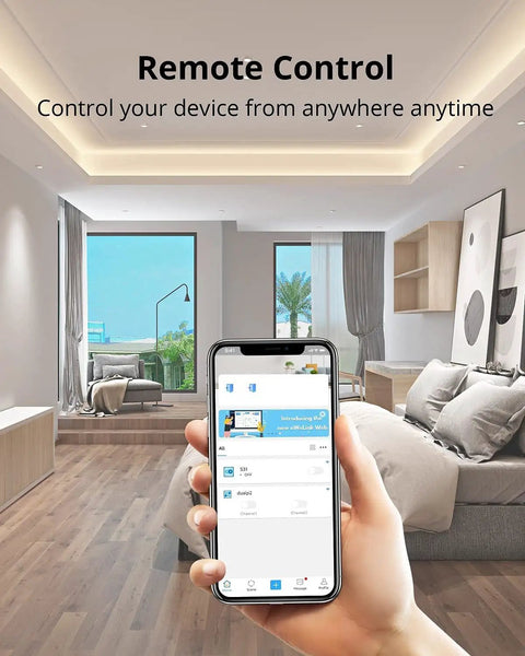 Phone displaying WiFi Smart Plug With Energy Monitoring, 15A Outlet, ETL Certified app in living room, remote control feature