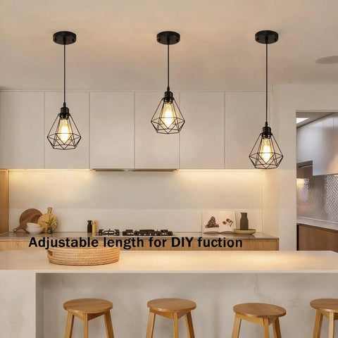 Black Pendant Lights 2 Pack Farmhouse Industrial Metal Cage Ceiling Fixtures Adjustable Hanging Lights for kitchen