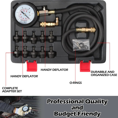 universal oil pressure tester kit with adapters, gauge, hoses, and case