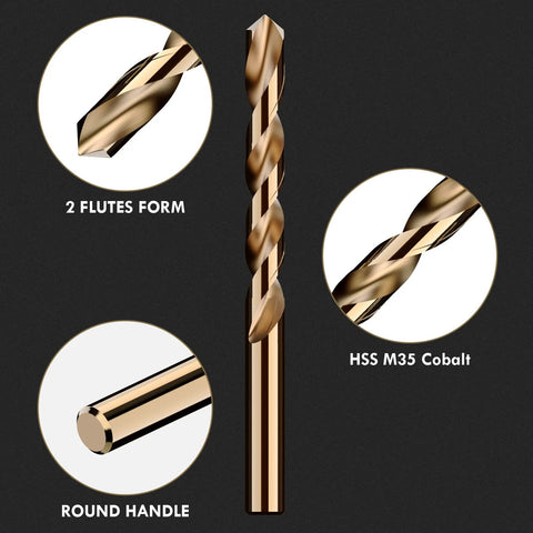 Front view of MACXCOIP cobalt drill bit, M35 HSS, two-flute form with round shank