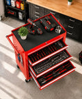 Hella Solid Rolling Tool Chest With Seven Ball Bearing Drawers That Glide Like Butter Plus Lockable Heavy Duty Steel Frame Designed For Garage Auto Shop Or Warehouse Storage In Red, showcasing tools organized in deep drawers.