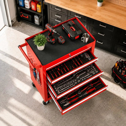 Hella Solid Rolling Tool Chest With Seven Ball Bearing Drawers That Glide Like Butter Plus Lockable Heavy Duty Steel Frame Designed For Garage Auto Shop Or Warehouse Storage In Red, showcasing tools organized in deep drawers.
