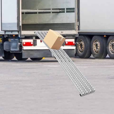Heavy Duty Foldable Conveyor Roller 78 7 Inch Unpowered Belt Table For Warehouse Freight Handling and Loading with box on loading dock.
