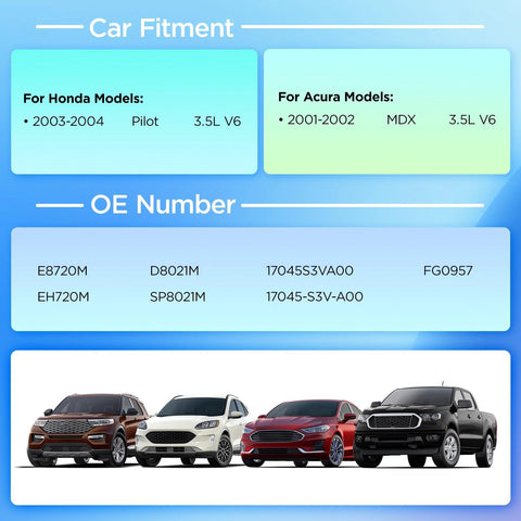 Car fitment and OE number chart for Electric Fuel Pump Module Assembly E8720M Direct Fit Replacement For Acura MDX 2001 2002 And Honda Pilot 2003 2004 V6 3.5L Engine Replaces 17045 S3V A00 SP8021M Beefed Up OE Style Performance And Easy Install with images of compatible vehicles.