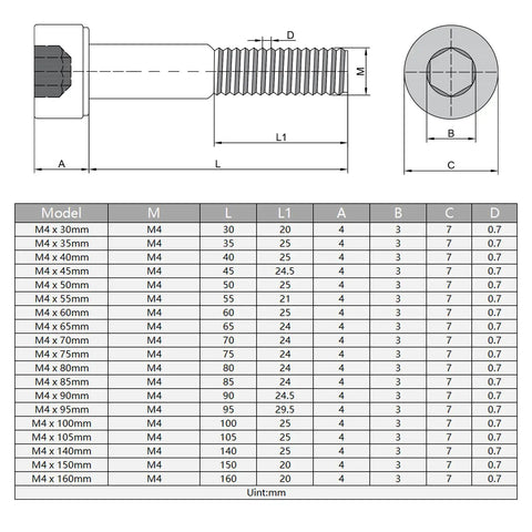 Technical drawing of M4 x 150mm hex socket head cap screw with dimensions and specifications from the 16 Pack M4 X 150mm Hex Socket Head Cap Screws Bolts.