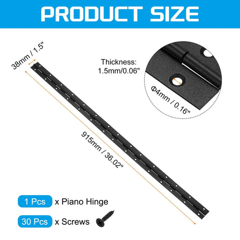 Tough As Nails 36 Inch Continuous Piano Hinge With Mounting Screws 1.5 Inch Open Width Black Coated Steel dimensions and specifications.