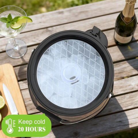 Insulated Ice Bucket For Parties With Scoop And Lid, Party Ready Large Capacity Double Wall Beverage Cooler, outdoor table view