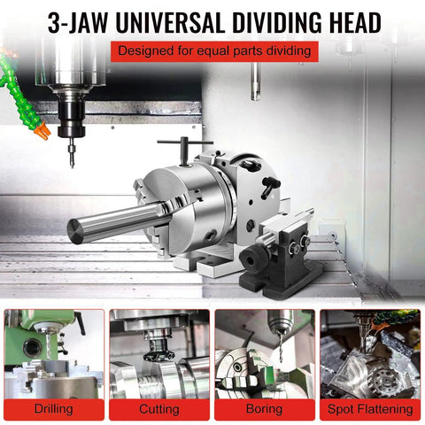 Heavy Duty Rock Solid Six Inch Cnc Rotary Table With Three Jaw Chuck And Dividing Head for precision drilling and cutting.